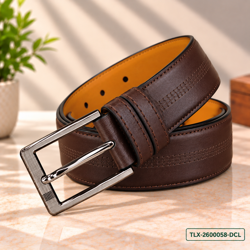 [TLX-2600058] Dark Chocolate Classic Stitched Leather Belt